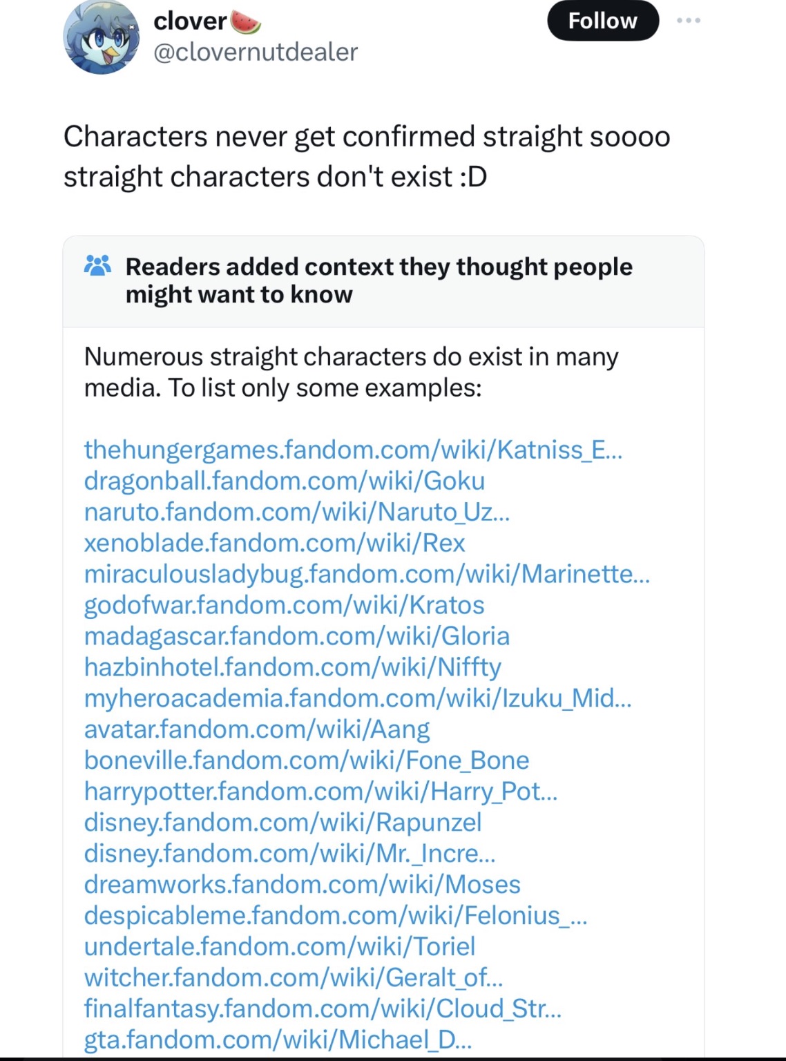 screenshot - clover ... Characters never get confirmed straight soooo straight characters don't exist D Readers added context they thought people might want to know Numerous straight characters do exist in many media. To list only some examples…